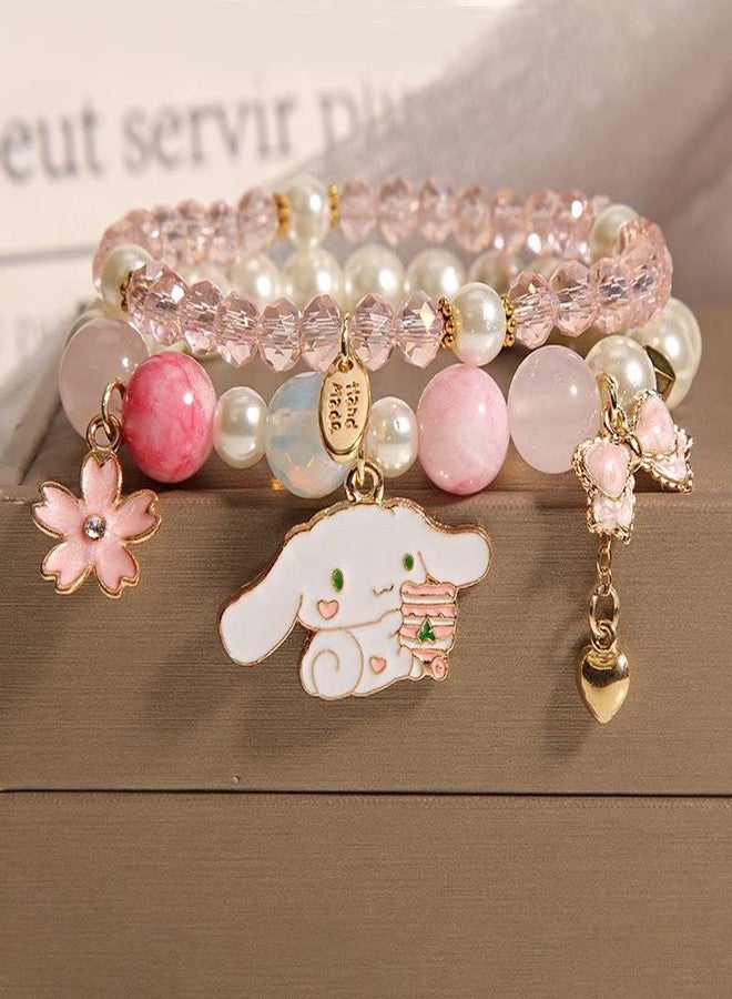 Cicod Kawaii Bracelets Set Crystal Beads Cinnamoroll Bracelet Cute Cartoon Elastic Beaded Pearl Bracelets Anime Jewelry Christmas Stocking Stuffers for Women Bff Friendship Gift (Pink) - Image 2
